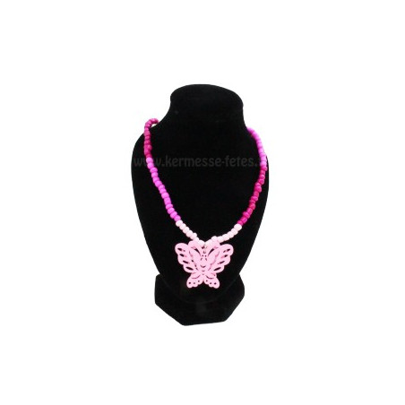 COLLIER en PERLES BOIS avec PENDENTIFS PAPILLONS