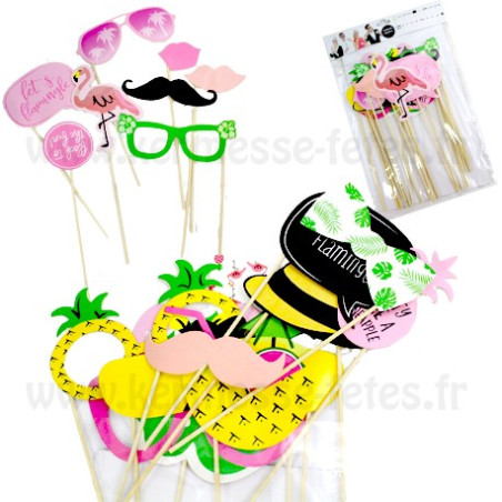 SACHET DE DEGUISEMENTS HAWAI SUR BATONS POUR PHOTOS