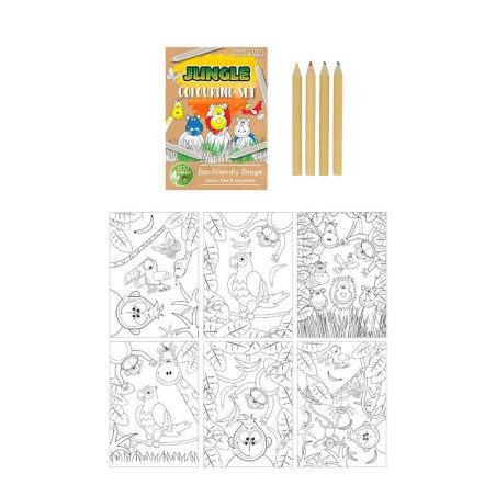 POCHETTE KRAFT avec 6 FEUILLES A COLORIER + 4 CRAYONS THEME " ANIMAUX JUNGLE "